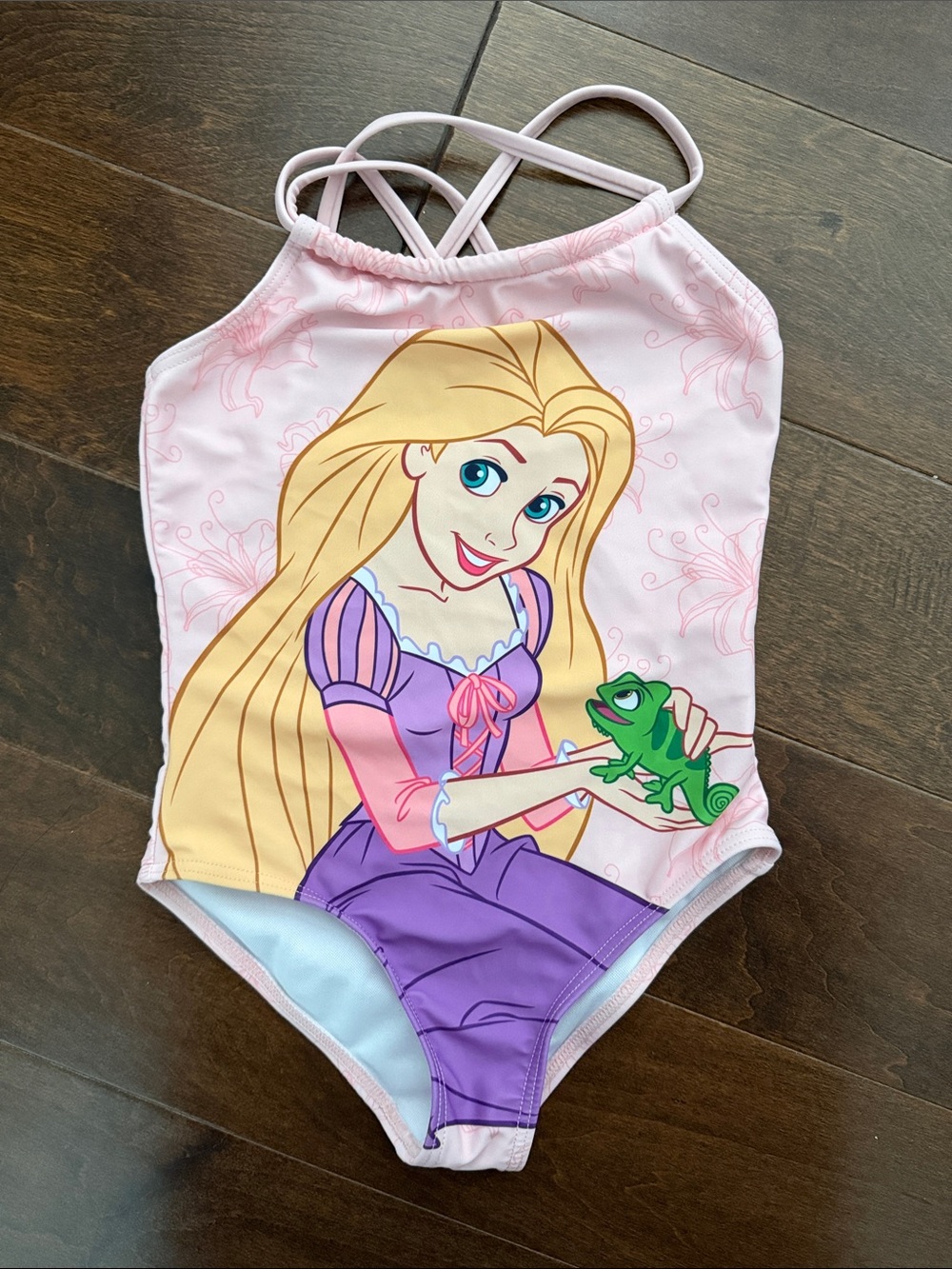 Girls Pink Rapunzel One-Piece Swimsuit with Purple Accents